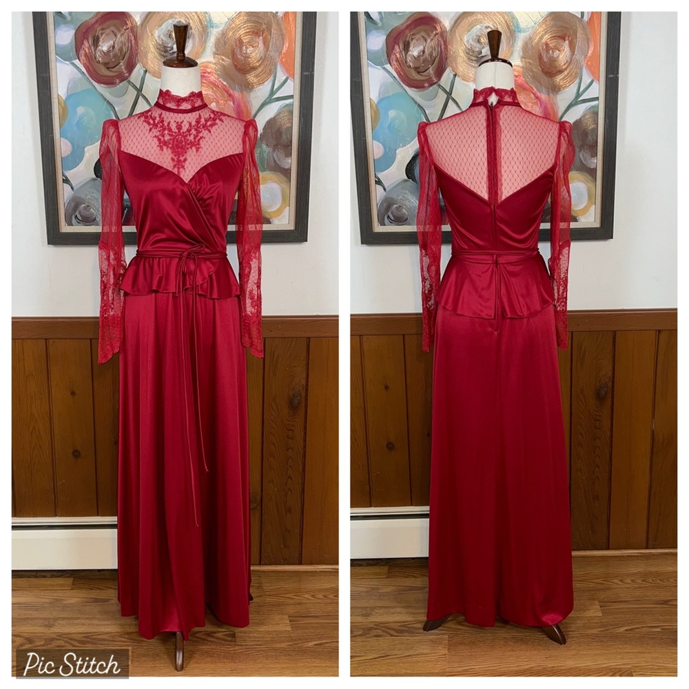 Vintage Deep Red Satin and Lace Long Sleeve Dress
